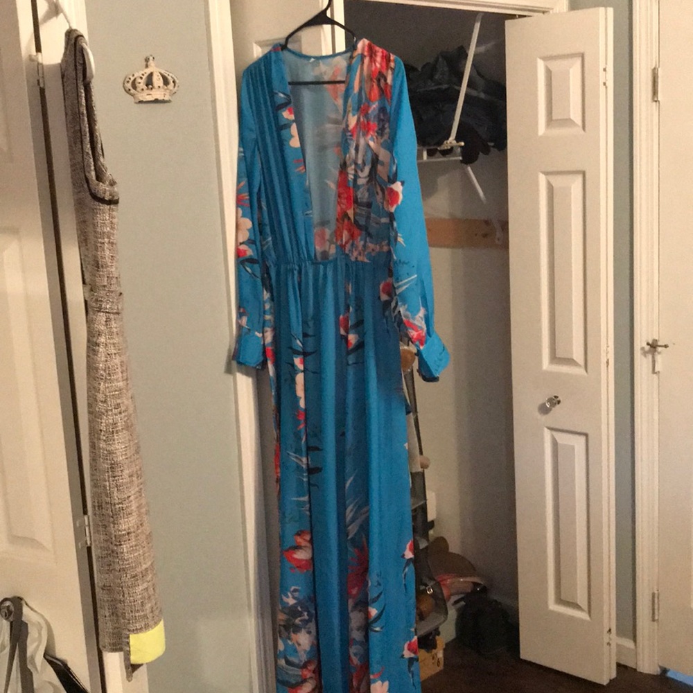Sexy Blue floral Long Sleeve Dress